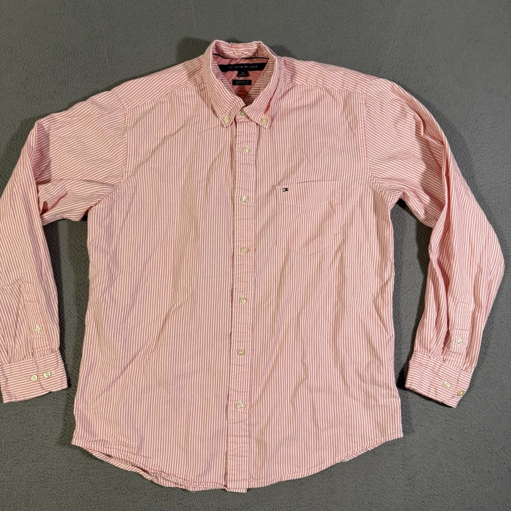 Tommy Hilfiger Shirt Mens Adult Medium‎ Pink White Stripes Button Down Preppy